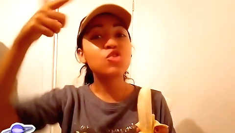 Blonde amateur milf sucks a banana and rides a dick