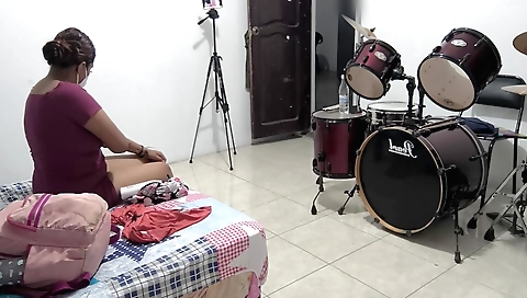 stepsister with perfect body lays on bed and wipes her face