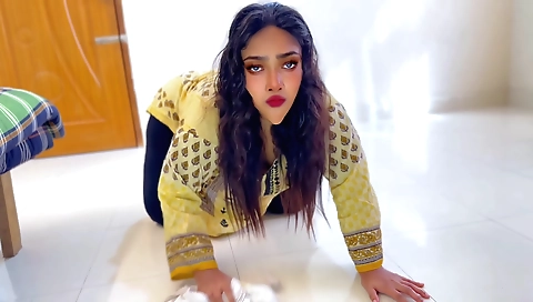 A brunette slut with a nice booty is cleaned and fucked