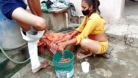 Indian stepsister in red panties was washing her clothes