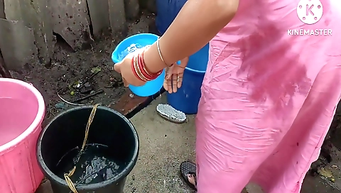 Hot girl with small boobs bathing on the garden outside