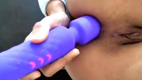 Shaved pussy girl masturbated with sex toy in bedroom