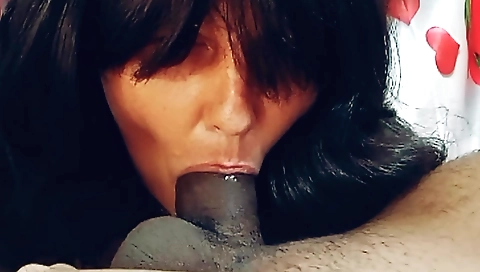 Brunette stepbrother gets a deepthroat and handjob