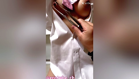 Cute amateur babe fucks herself with her lover on a couch