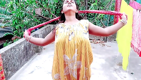 Sexy brunette in a hotel room is relaxing with a stepson